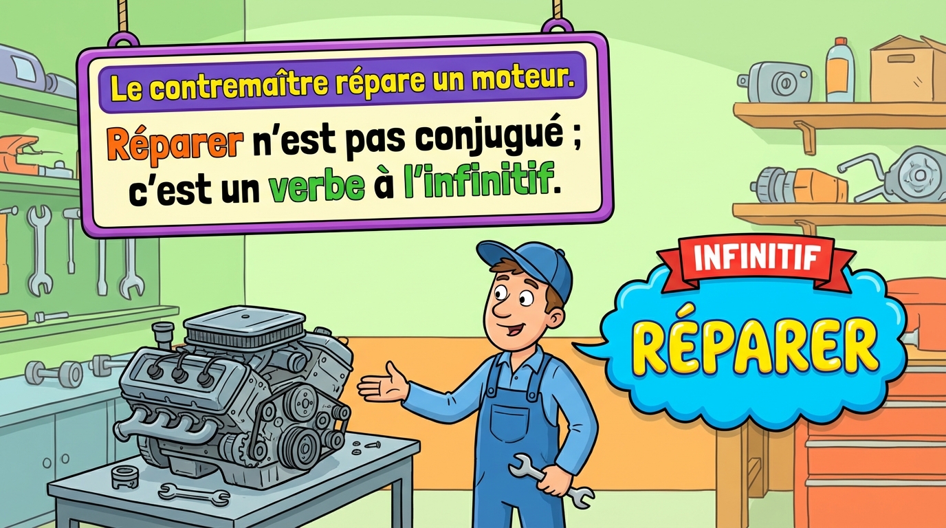 Le contremaître répare un moteur. Réparer n'est pas conjugué, c'est un verbe à l'infinitif.
